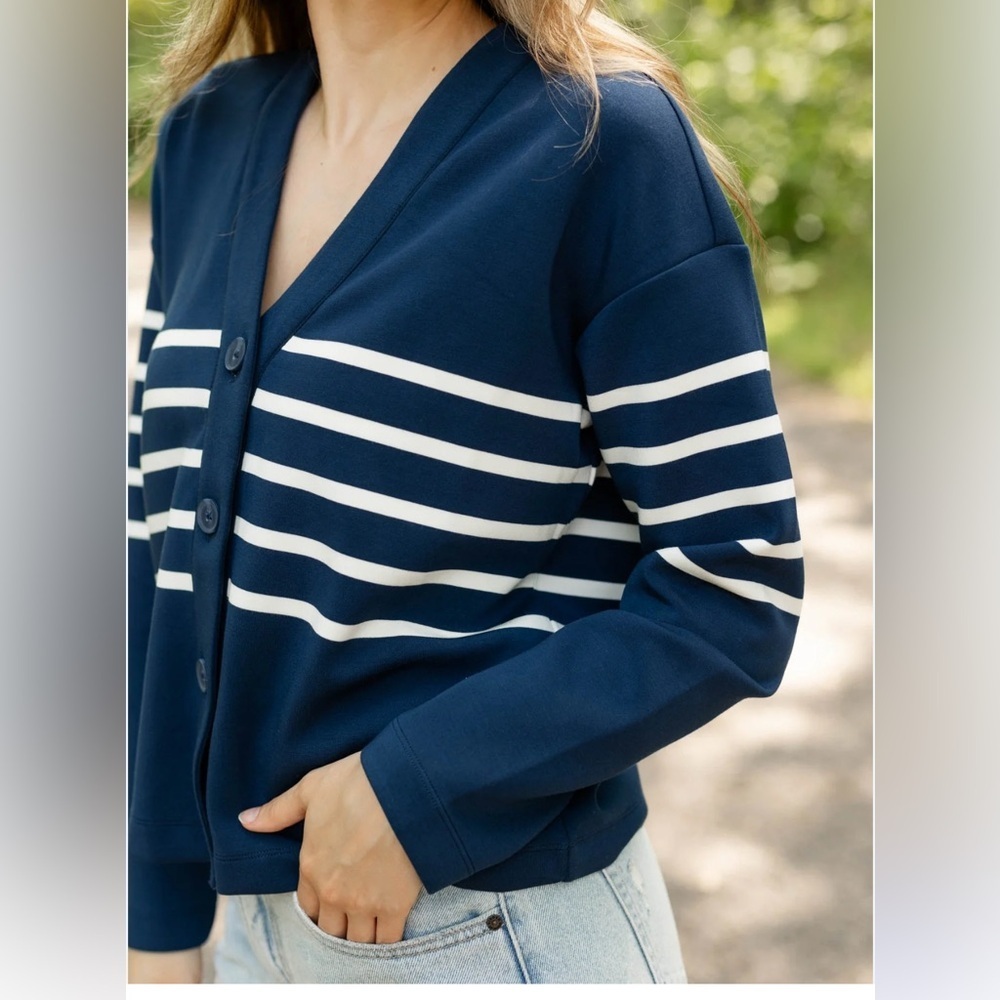 SPANX Airessentials Navy and White Striped Cardigan - Picture 2 of 6